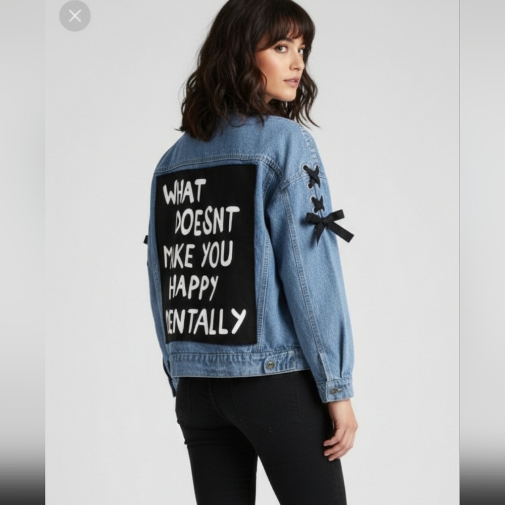 Light Blue Denim Jacket with Black Lace-Up Details Cotton